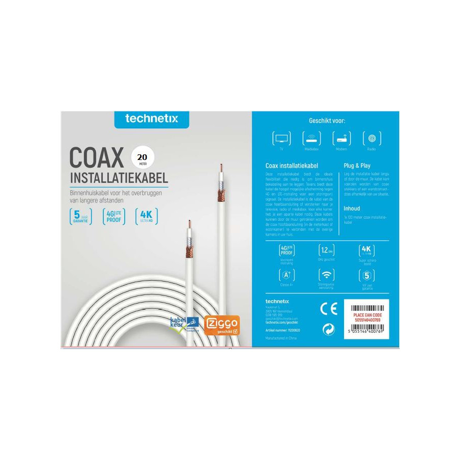 Technetix CoaxiH-20m-s Shop Coaxial cable 20 m. Ziggo suitable